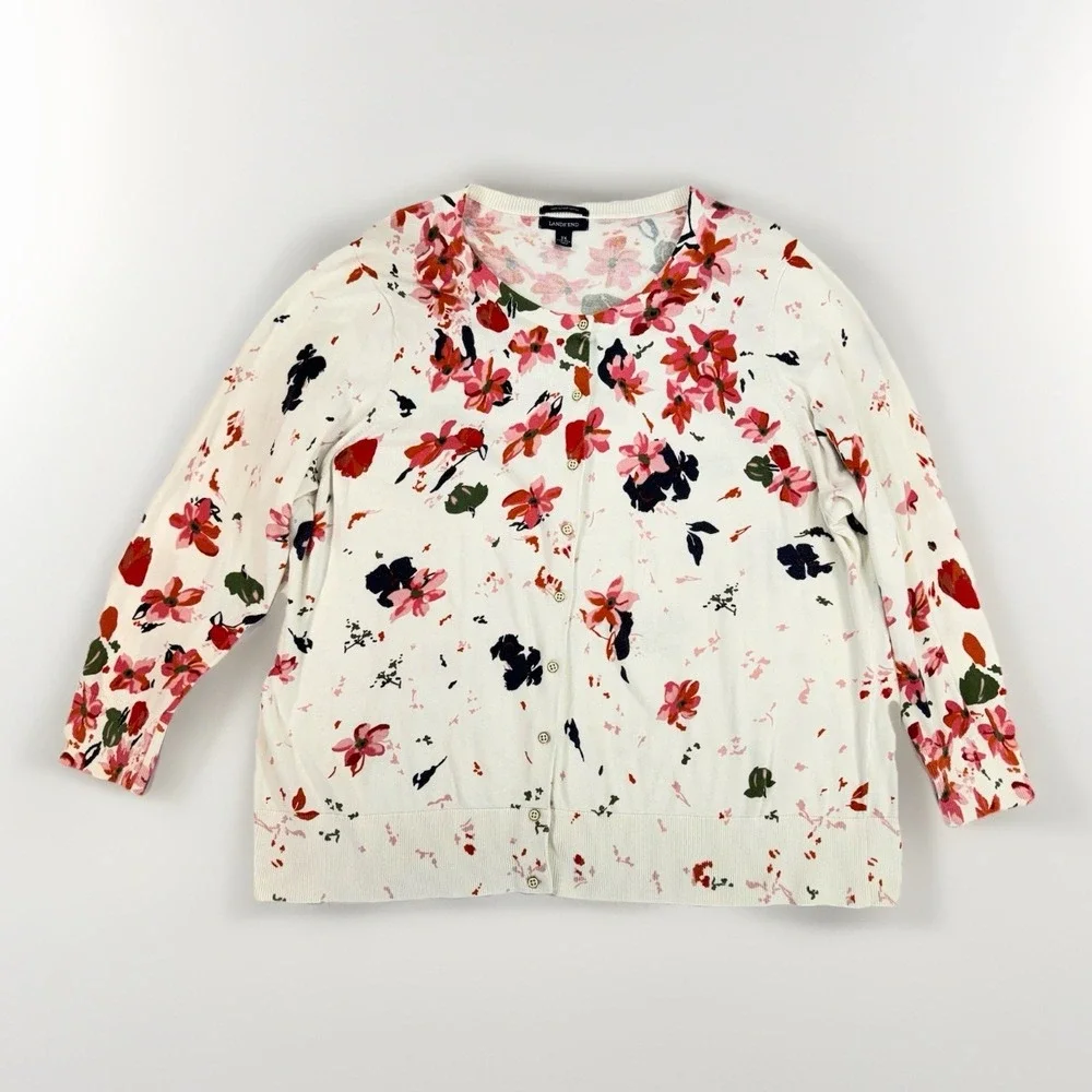 Lands' End Women's 3X Floral Button Front Cardigan Sweater Supima Cotton Cottage - Picture 3 of 9